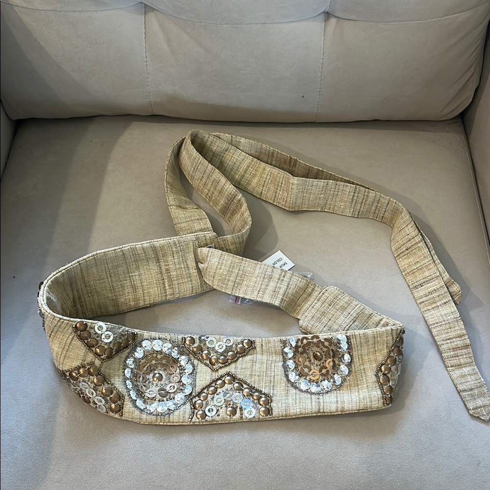 Beaded Tan Belt with Sequin Accents - Picture 2 of 7